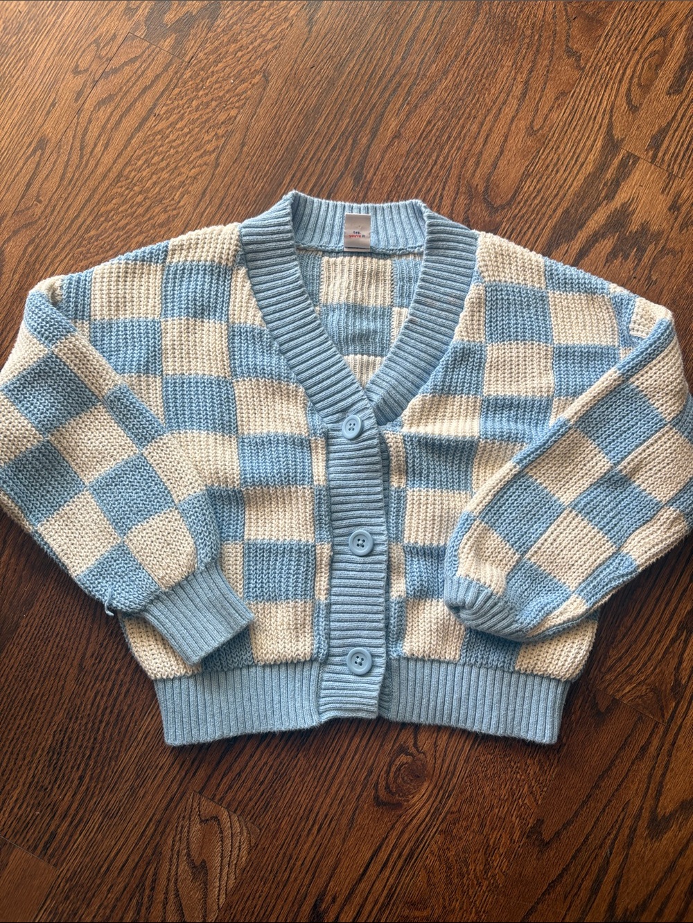 Old Navy Girls Light Blue and Cream Checkered V-Neck Cardigan